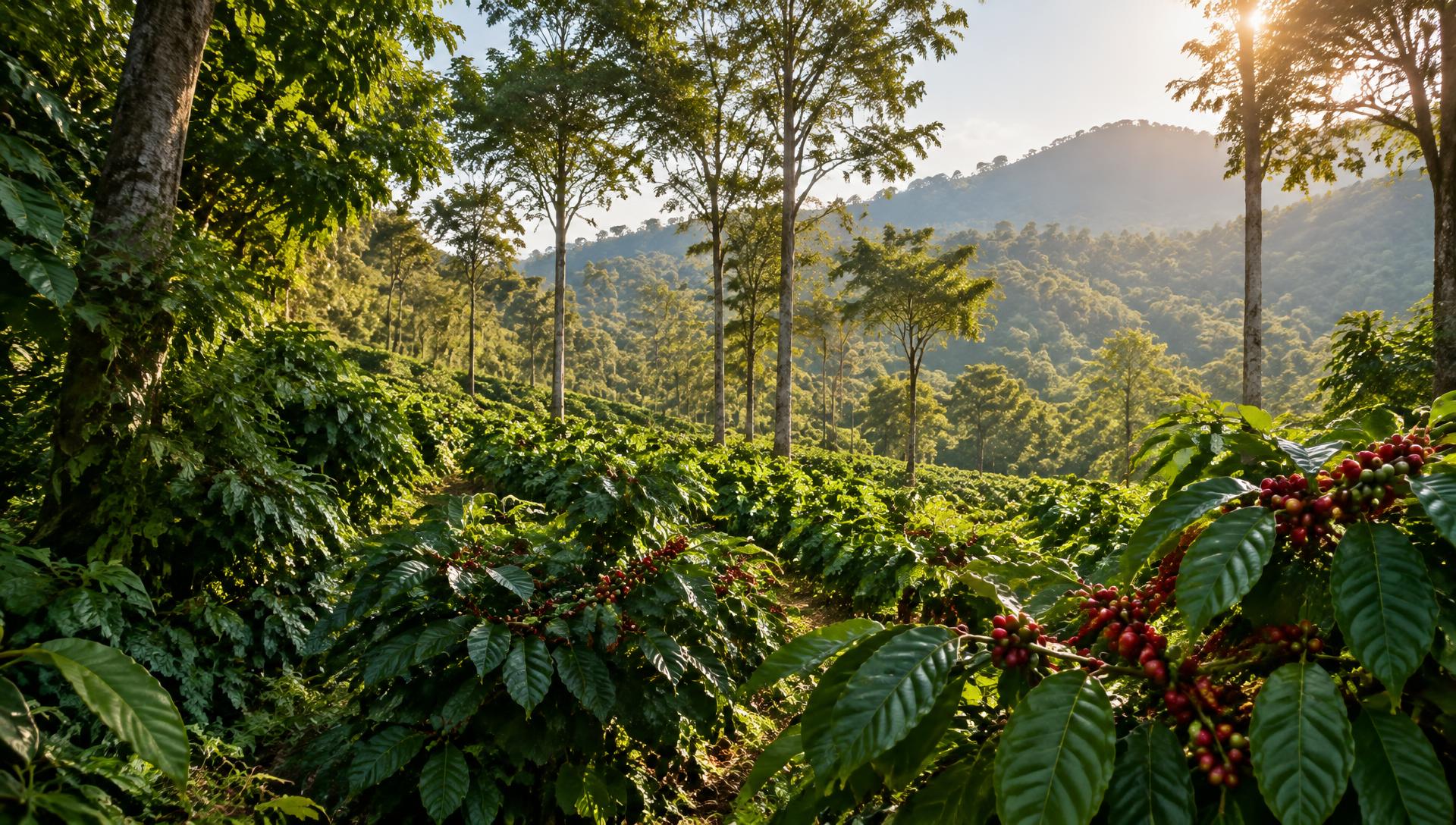 Illustrative sunlit coffee plantation with ripe coffee cherries